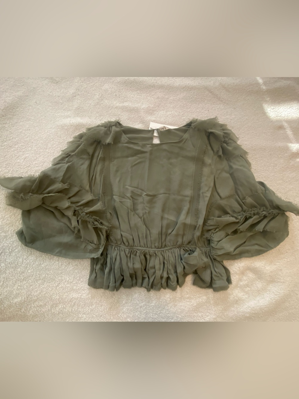 LoveShackFancy Olive Green Ruffle Sleeve Blouse